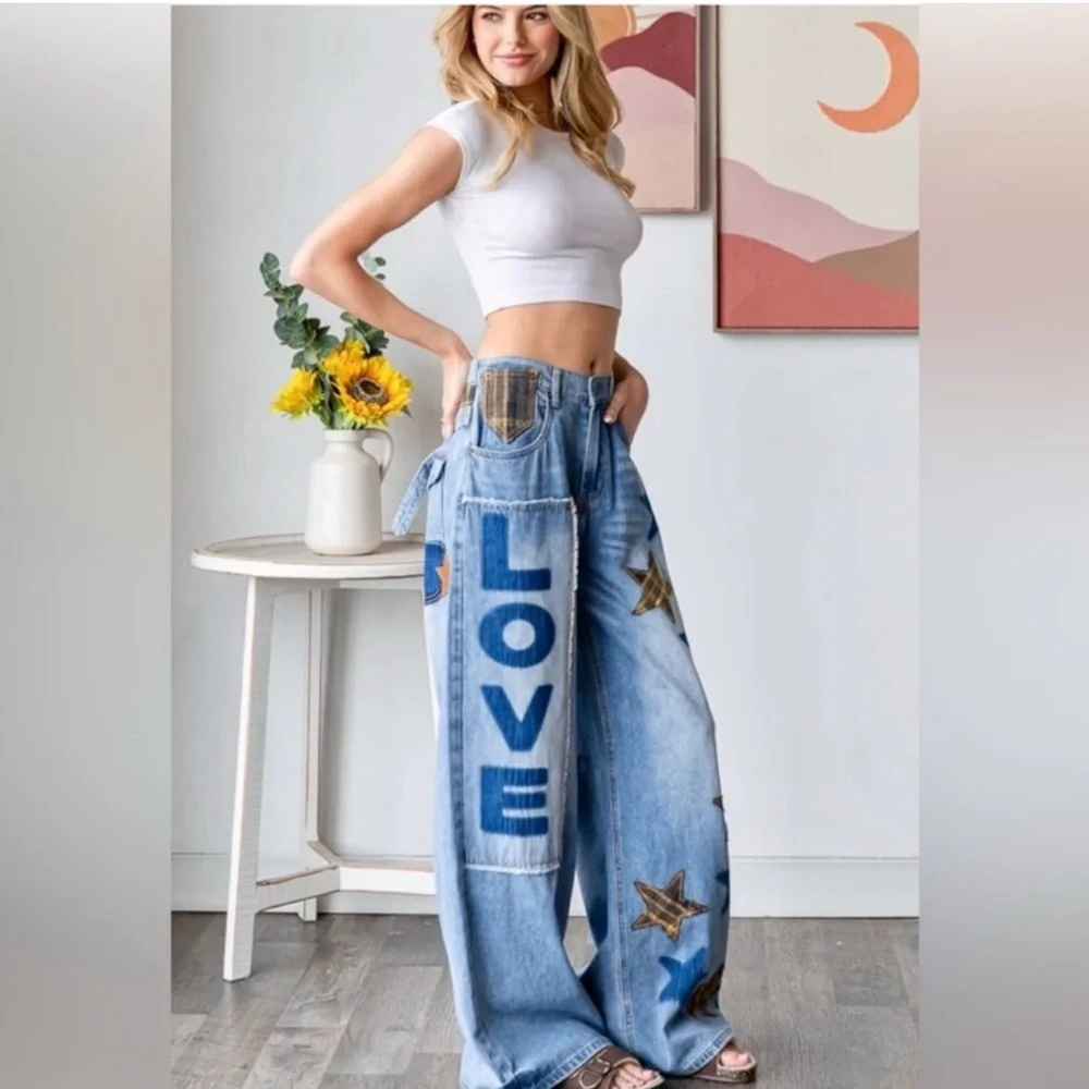 Oli & Hali Love + Stars Patchwork Baggy Jeans | Distressed Denim Pants - Picture 3 of 10